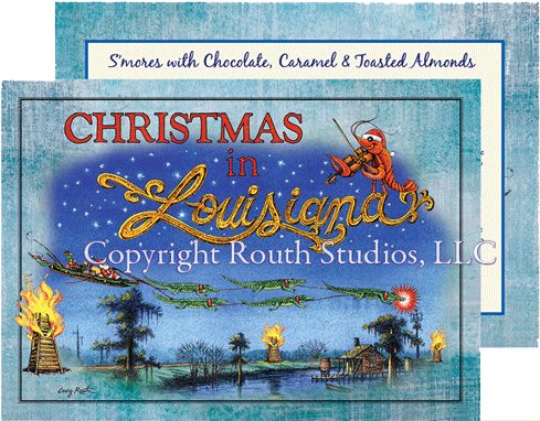 Louisiana Christmas cards, bonfire on the levee card